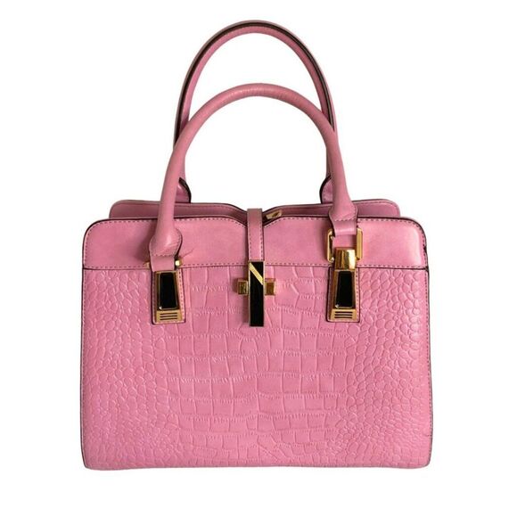 Pink Croc Embossed Satchel Handbag with Gold Hardware  Elegant Top Handle Purse - Picture 1 of 9
